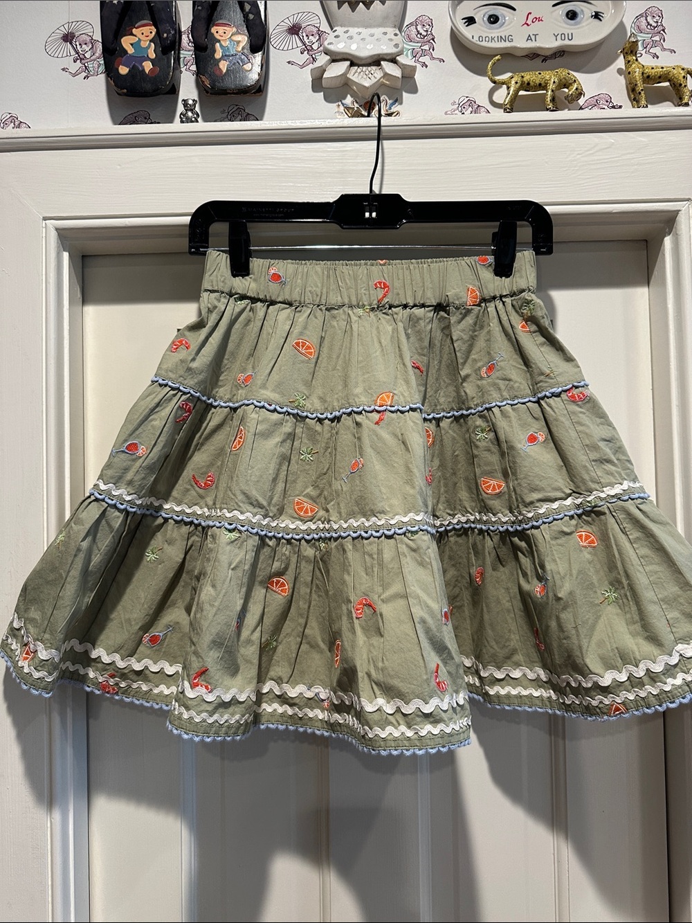 Roller Rabbit Olive Green Tiered Skirt with Citrus Embroidery